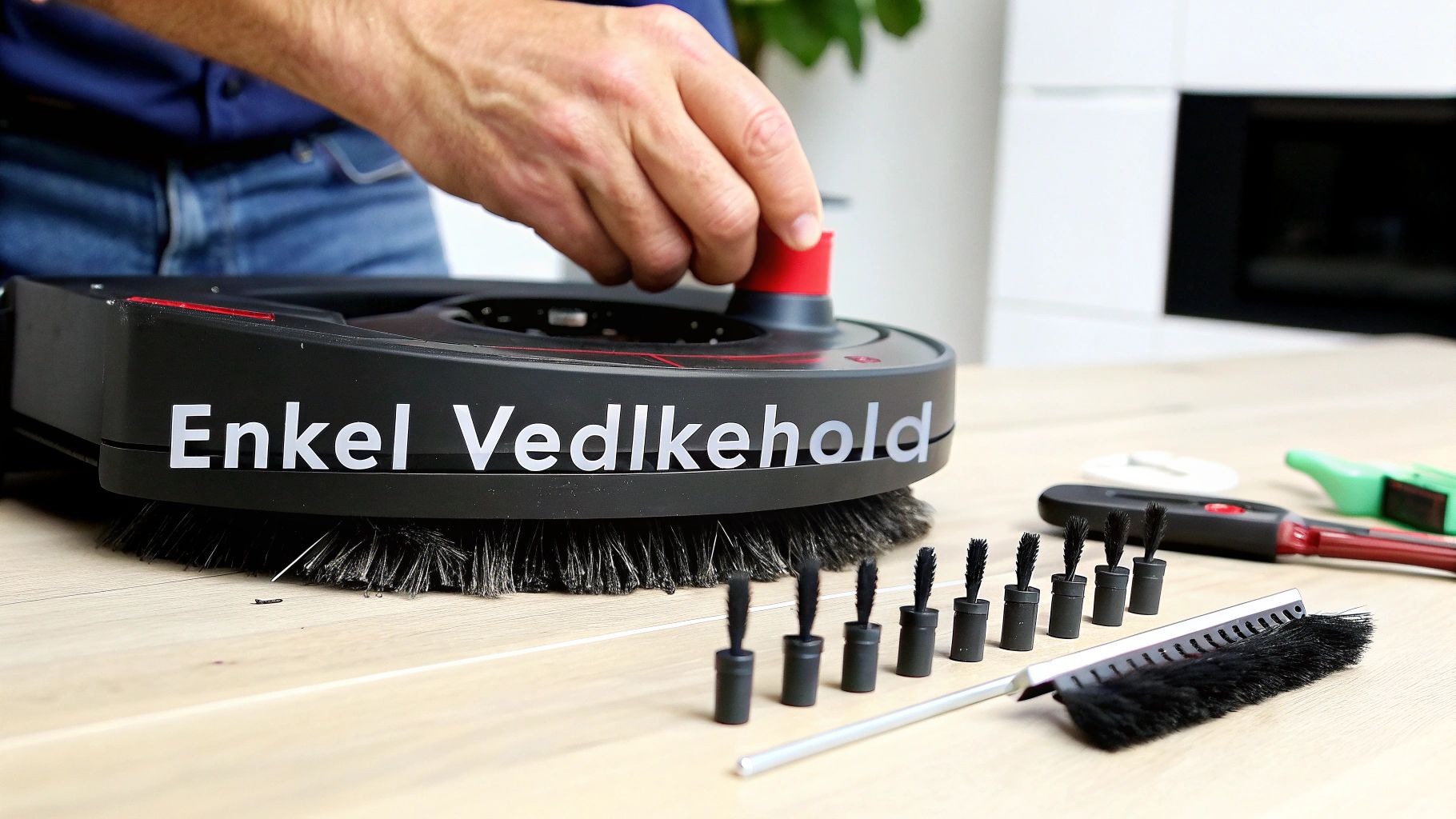En hånd justerer en svart robotstøvsuger merket "Enkel Vedlikehold", med diverse rengjøringsbørster på et tregulv.