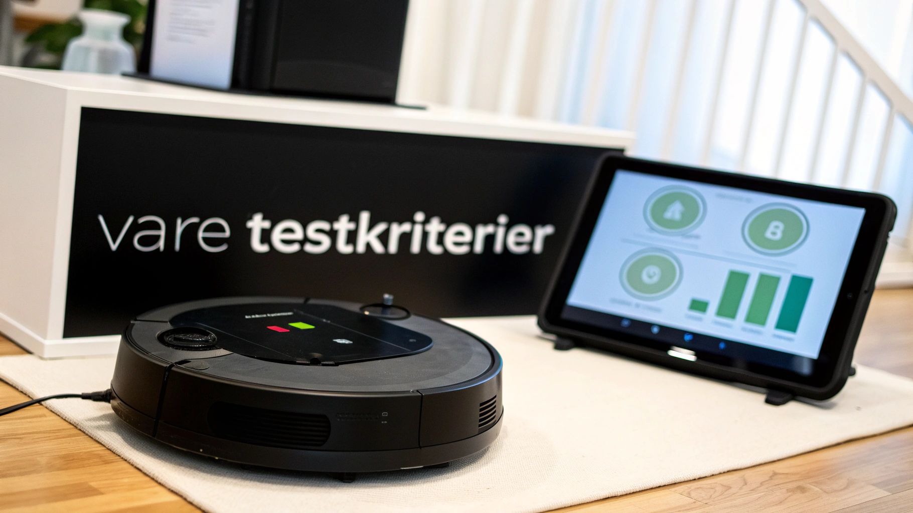 En svart robotstøvsuger og et nettbrett som viser testdata, med et skilt som sier 'vare testkriterier'.