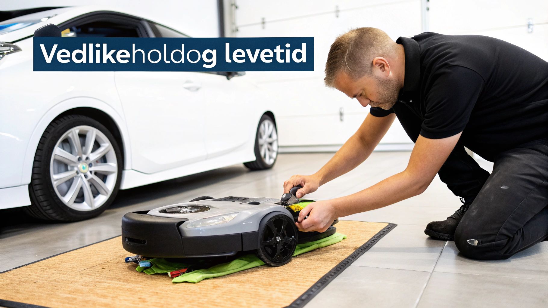 En mann kneler og utfører vedlikehold på en robotgressklipper i en garasje med en bil i bakgrunnen.