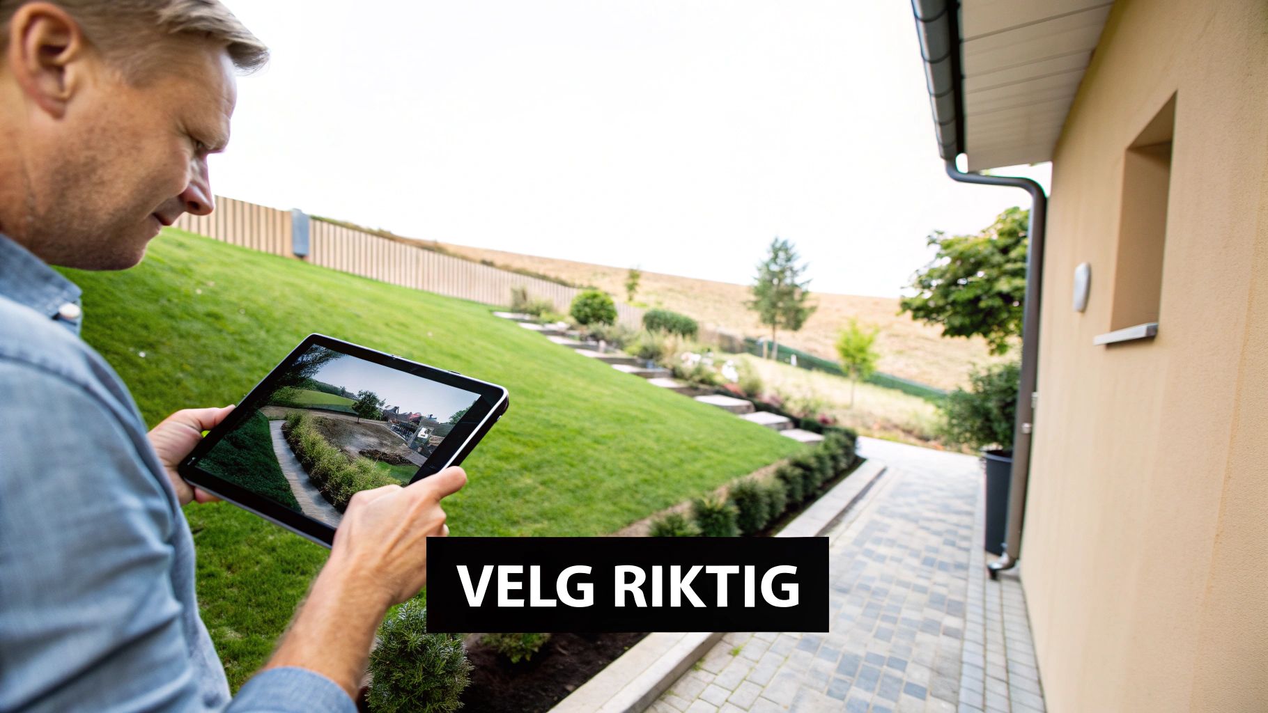 Mann ser på nettbrett med hageplan og utstyr, velger riktig løsning for plenen.