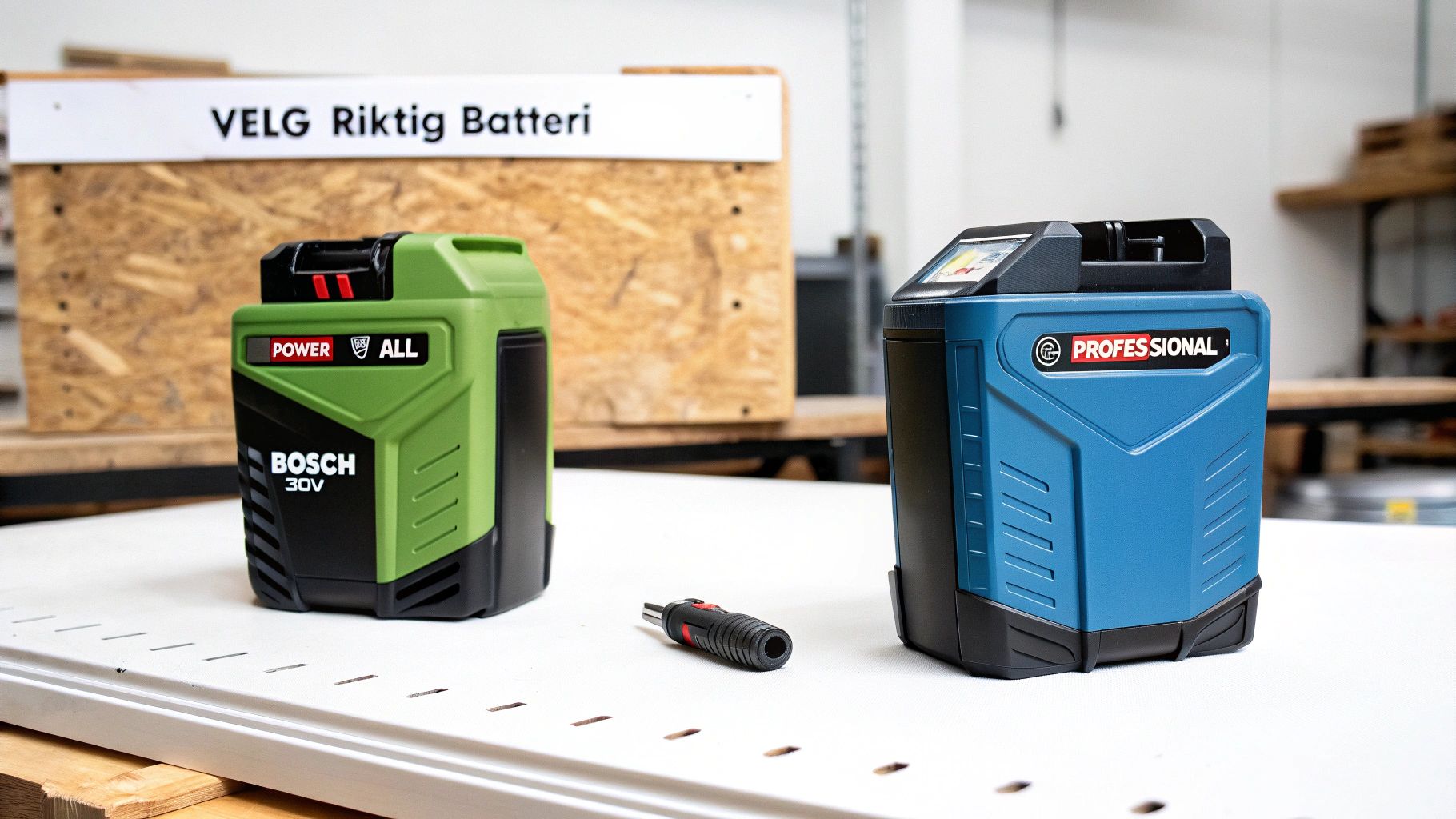 To Bosch batterier, ett grønt 30V og ett blått Professional, med en liten adapter.