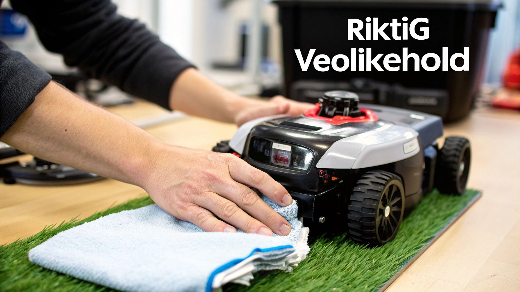 En person rengjør en robotgressklipper med en blå klut på kunstgress, med teksten "Riktig vedlikehold".