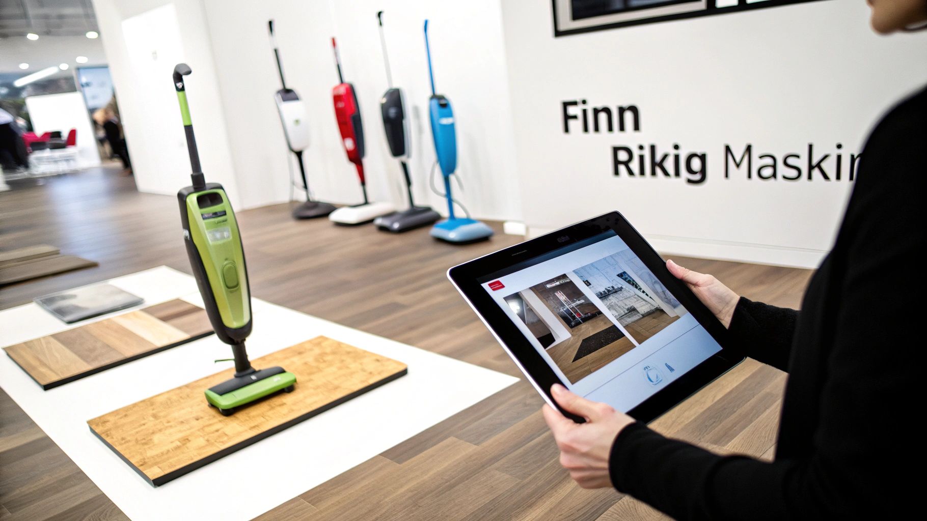 En person holder et nettbrett som viser rengjøringsprodukter i et showroom med gulvvaskere og gulvprøver.