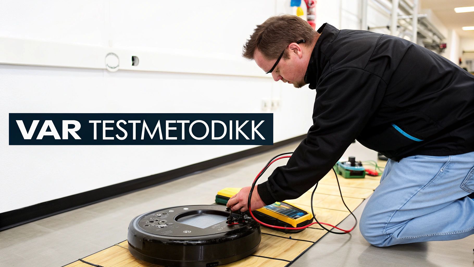 En mann kneler på gulvet og utfører tester på elektronisk utstyr med måleinstrumenter. Tekst: VAR TESTMETODIKK.