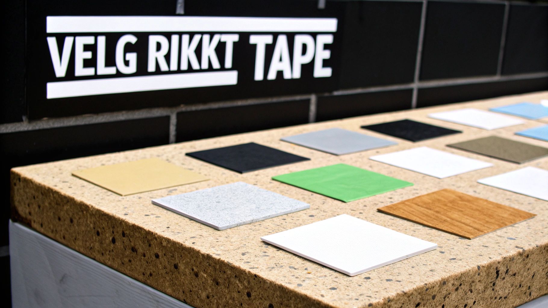 Et utvalg av farge- og teksturprøver av tape vises på en benkeplate med teksten 'VELG RIKT TAPE' i bakgrunnen.