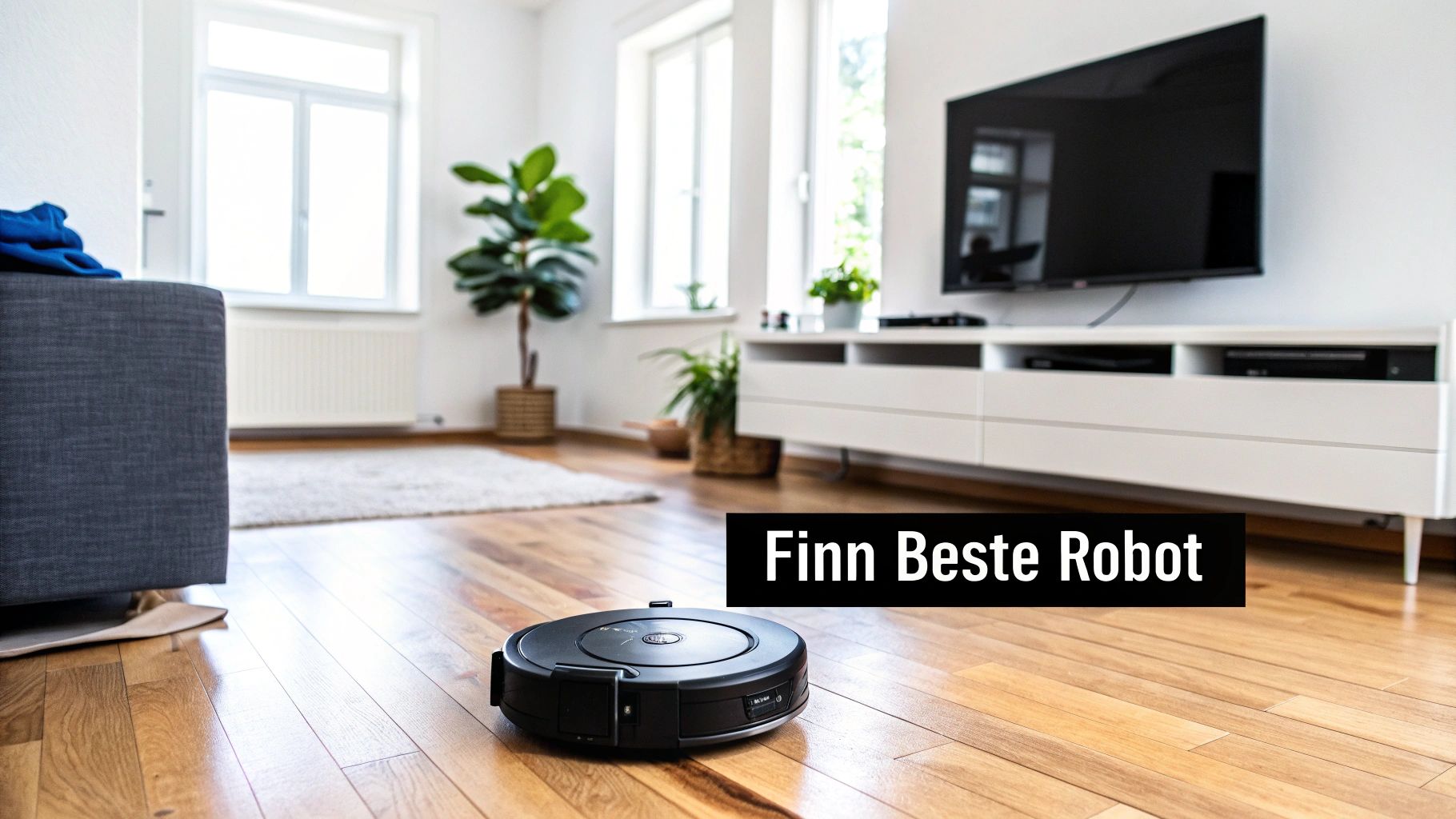 En robotstøvsuger på et tregulv i en moderne stue med TV, sofa og grønne planter.