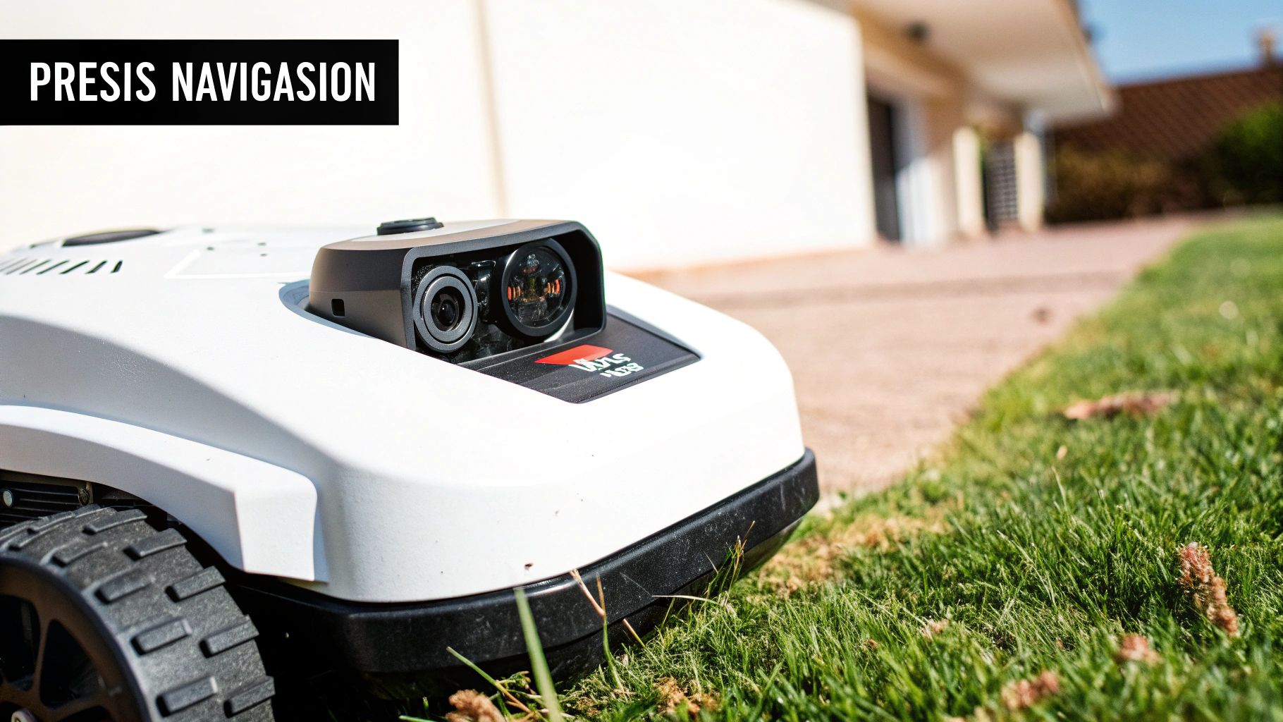 En hvit robotgressklipper med et kamera- og sensorsystem står på en grønn plen, med en bygning i bakgrunnen.
