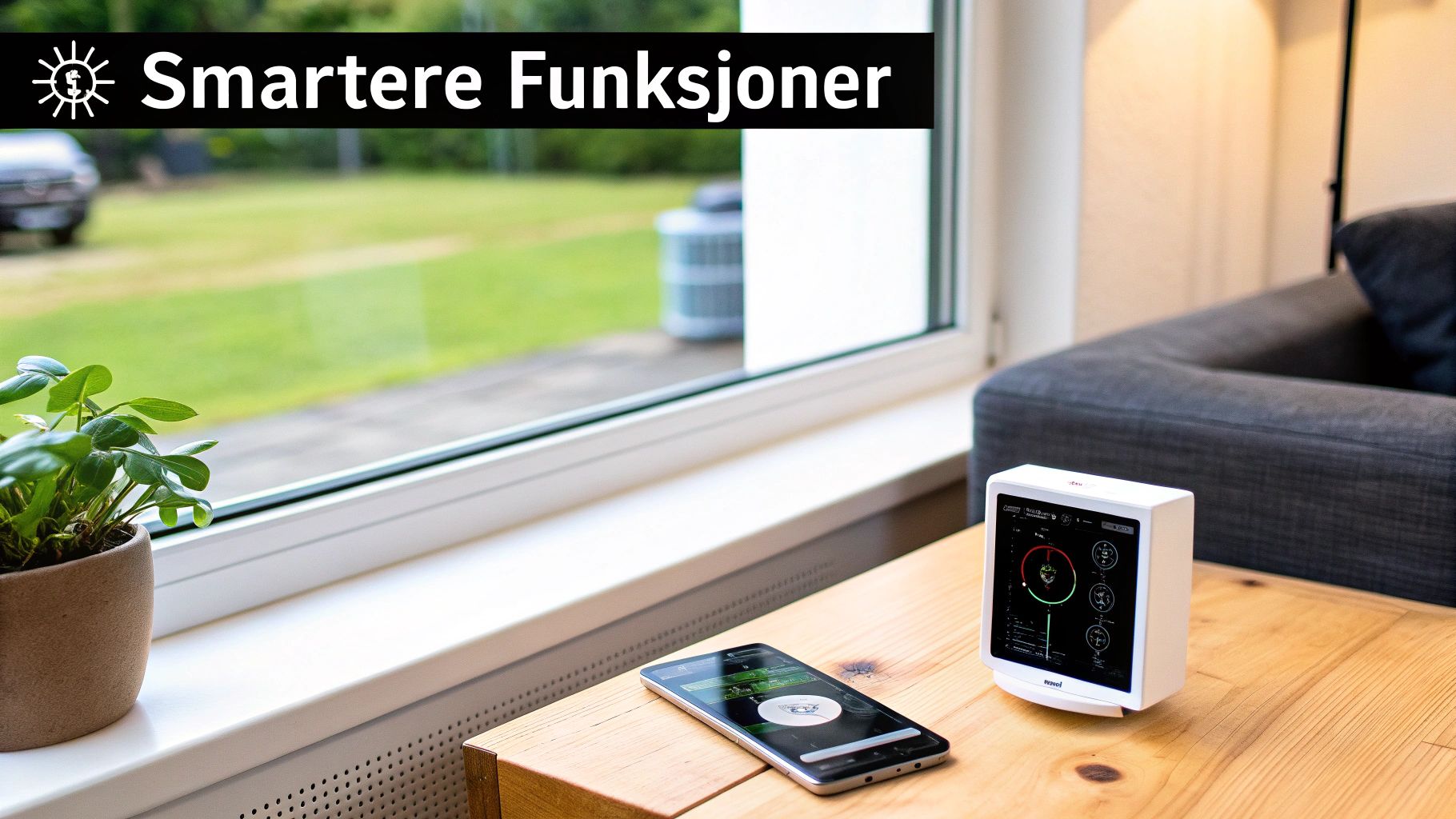 Et smart hjem-display og en smarttelefon på et trebord, med grønt gress utenfor vinduet, viser smarte funksjoner.