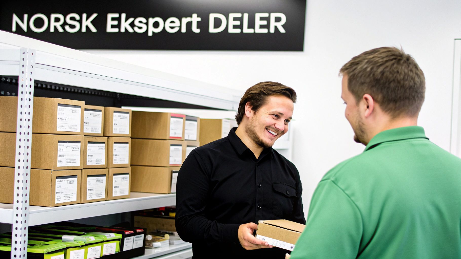 To menn utveksler en pakke i et lager med hyller fulle av esker, under et skilt som sier 'NORSK Ekspert DELER'.
