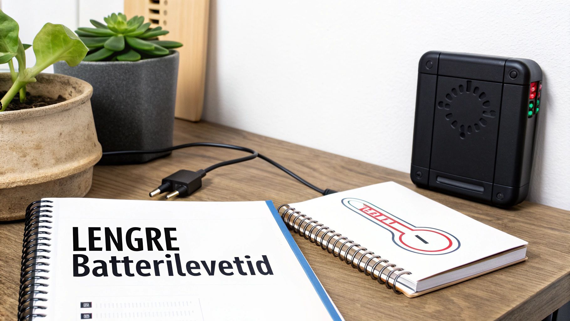 Skrivebord med planter, elektronisk enhet og notatbøker, den ene med teksten 'Lengre Batterilevetid'.