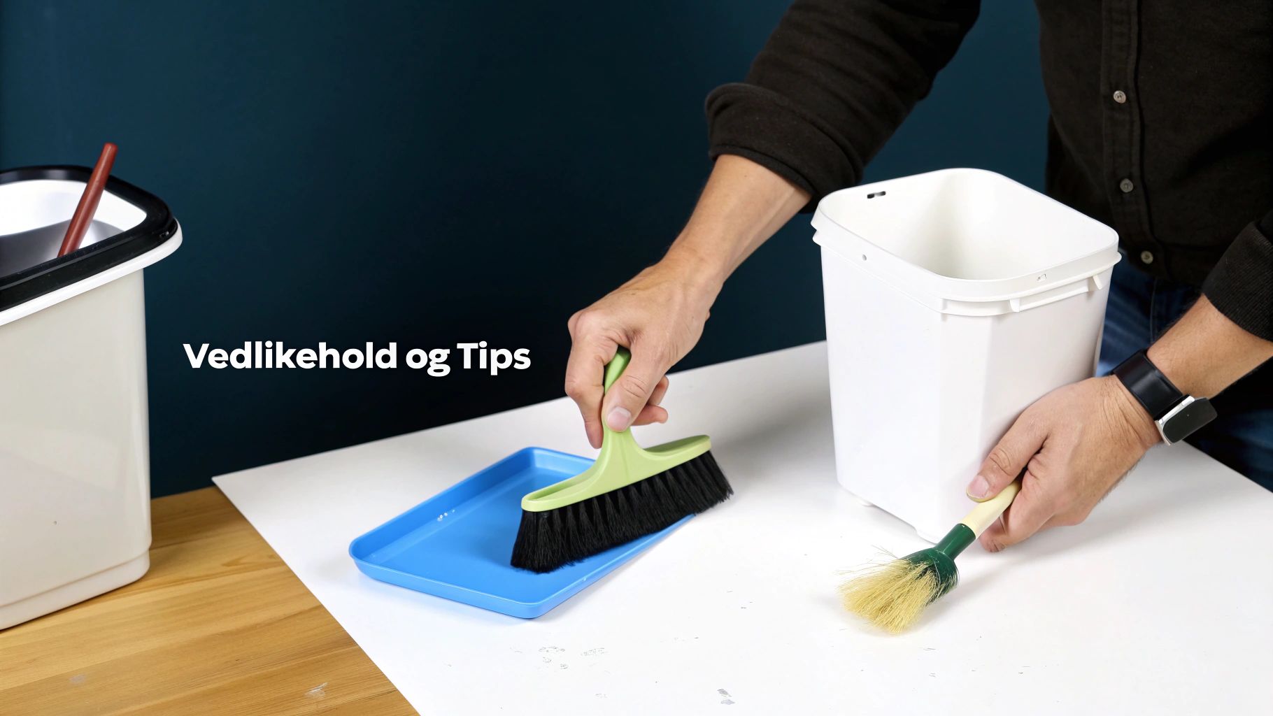 En person viser rengjøringsutstyr som koster og feiebrett, med tekst 'Vedlikehold og Tips'.