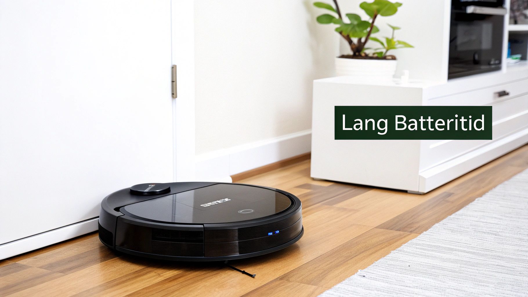 Svart robotstøvsuger på tregulv ved en hvit kommode, med teksten "Lang Batteritid" i et grønt felt.