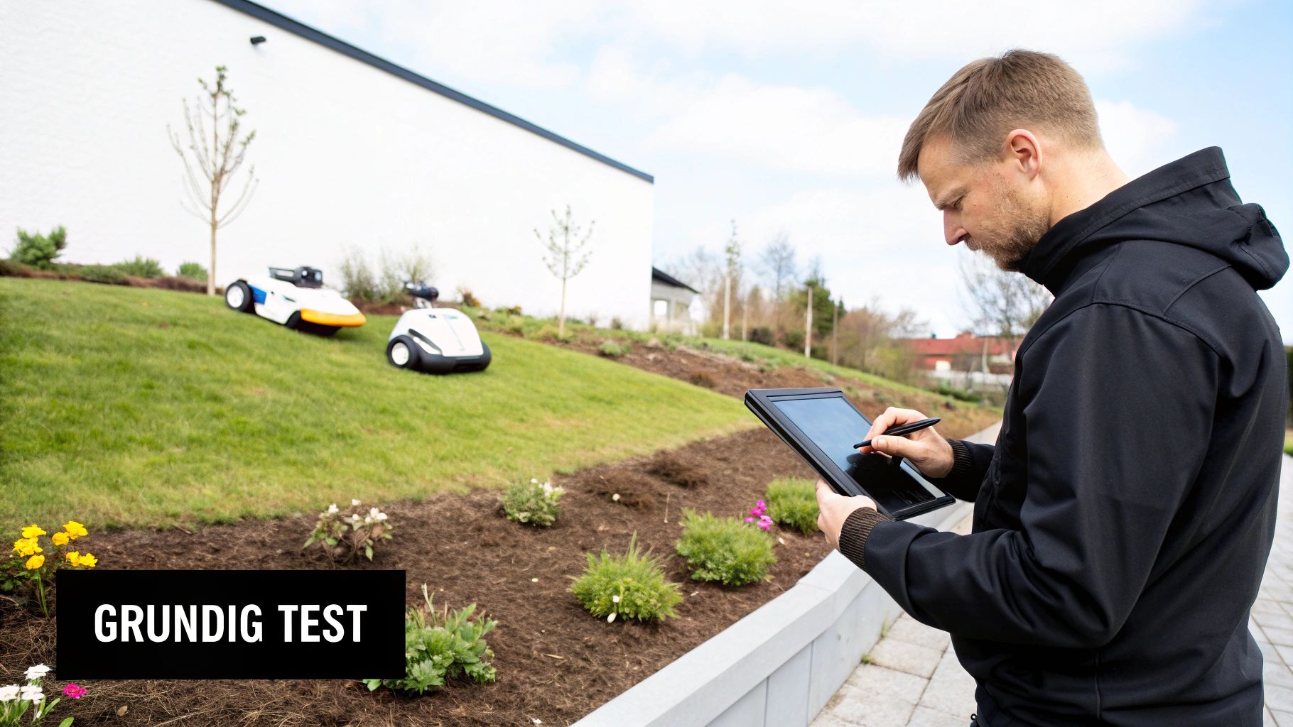 En mann betjener en tablet med stylus mens to robotgressklippere testes på en gressbakke.