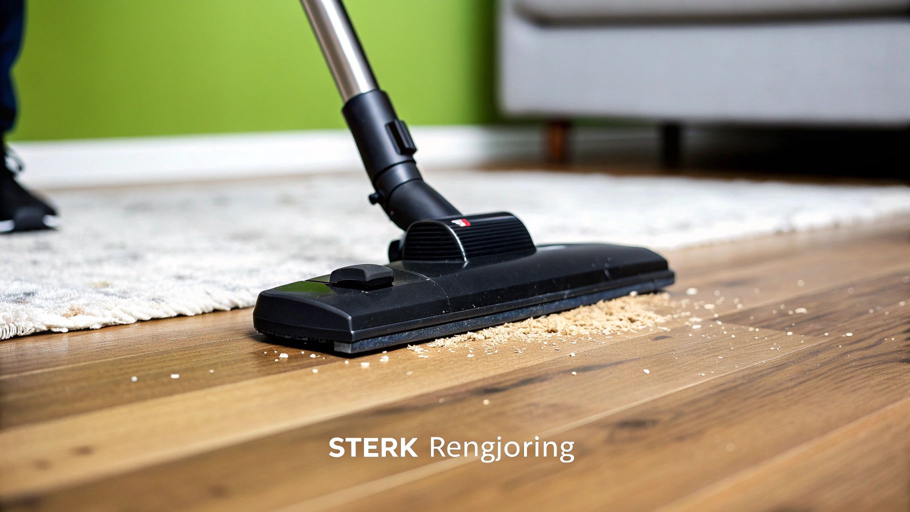 En sort støvsuger som rengjør et tregulv med skitt ved siden av en lys matte.