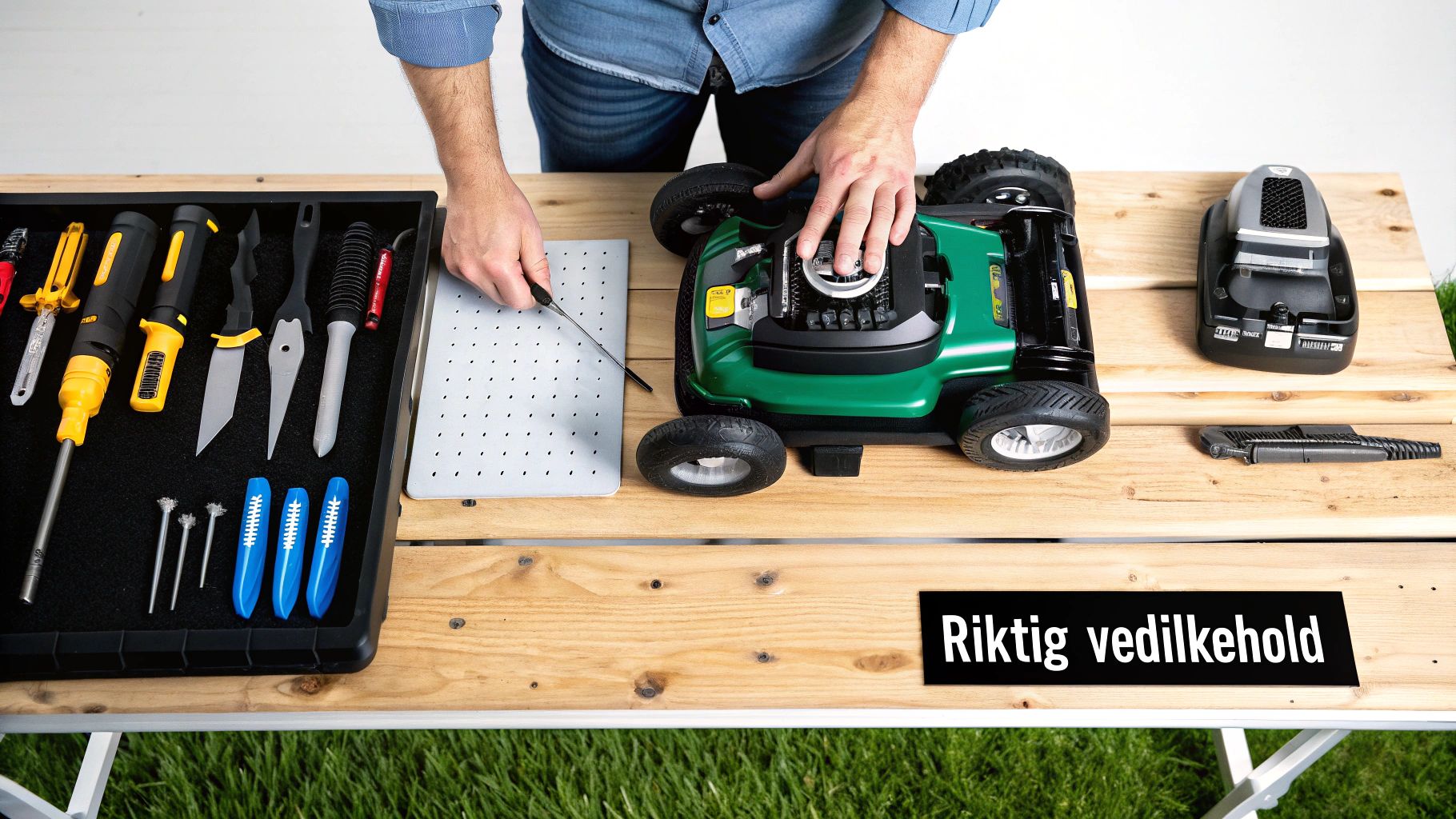 En person utfører vedlikehold på en robotgressklipper med diverse verktøy på et trebord.