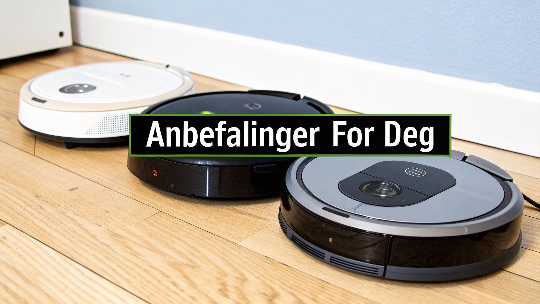 Tre robotstøvsugere i forskjellige farger (hvit, svart, grå) står på et tregulv under teksten «Anbefalinger For Deg».