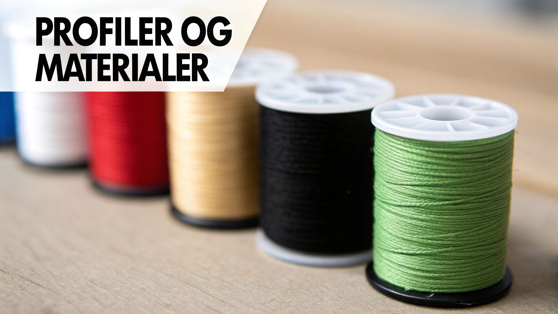Flere fargede trådsneller, inkludert grønn, svart og rød, ligger på et trebord med teksten Profiler og Materialer.