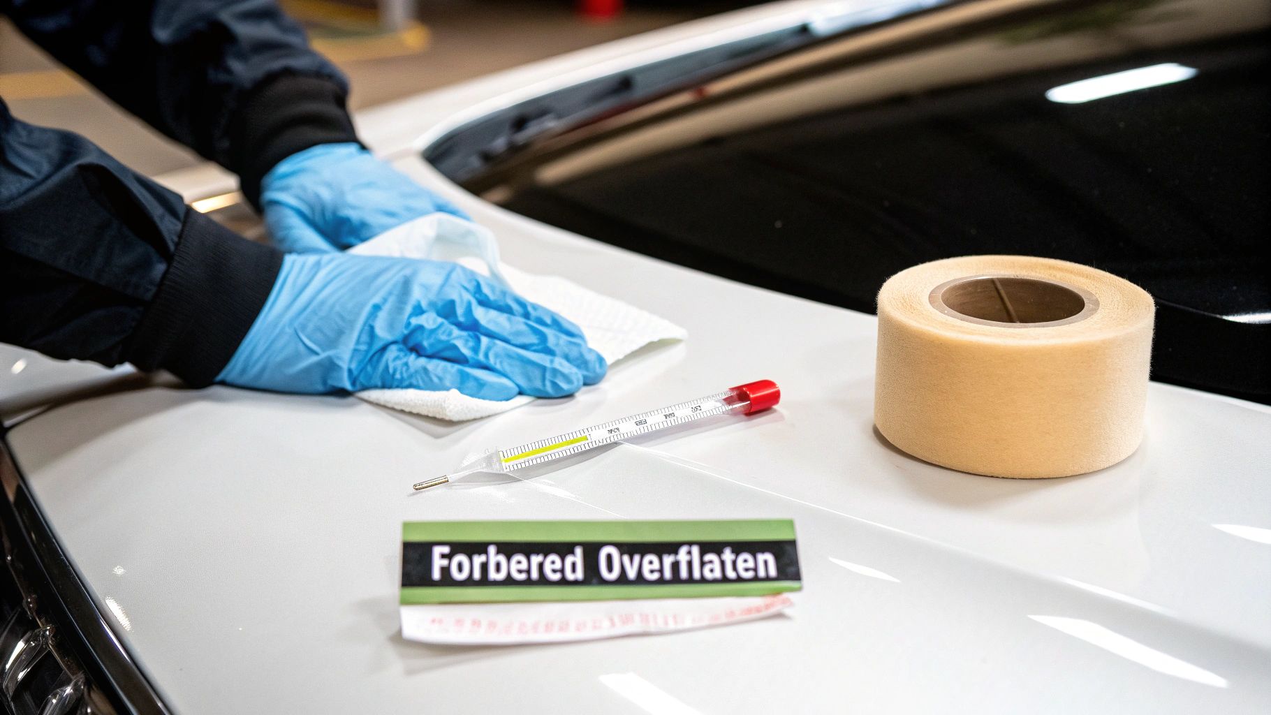 Person med blå hansker rengjør en hvit overflate, med et termometer og tape ved siden av.