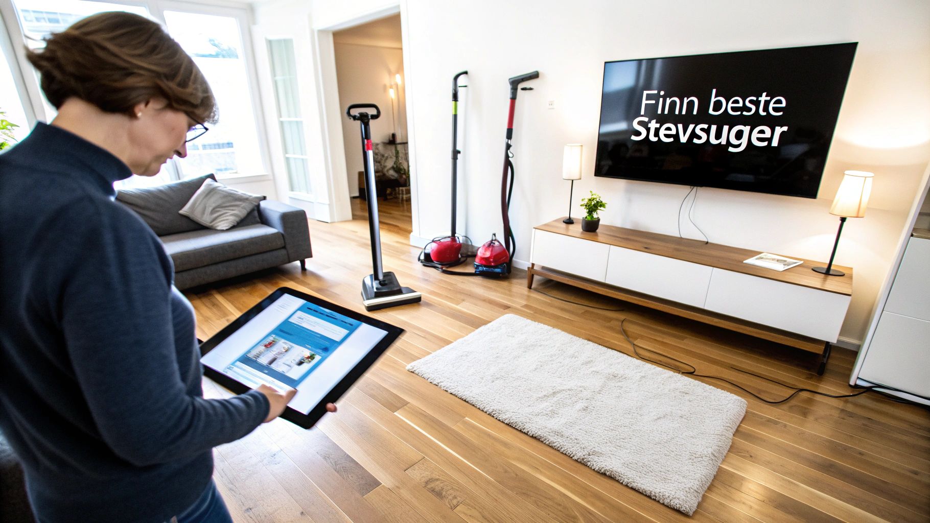 En person bruker et nettbrett for å finne den beste støvsugeren, med flere modeller synlige i et moderne hjem.