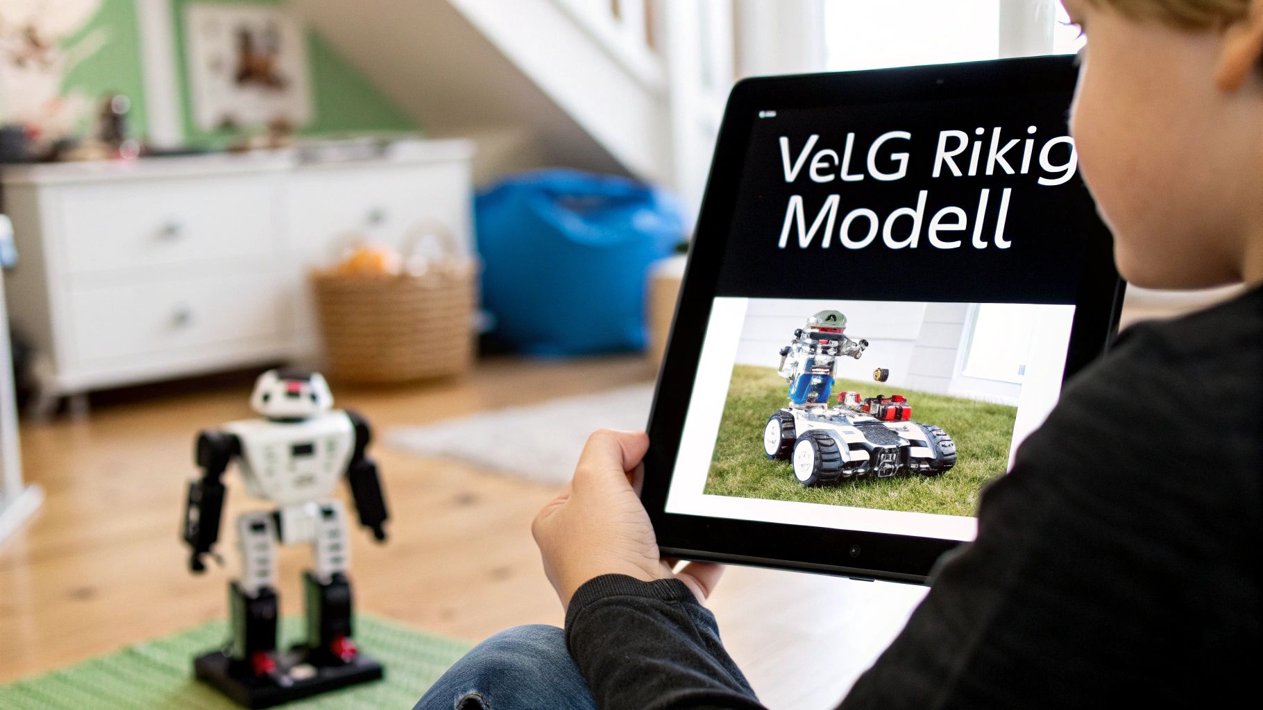 En person holder et nettbrett som viser en robotmodell, mens en robotleke står på gulvet.