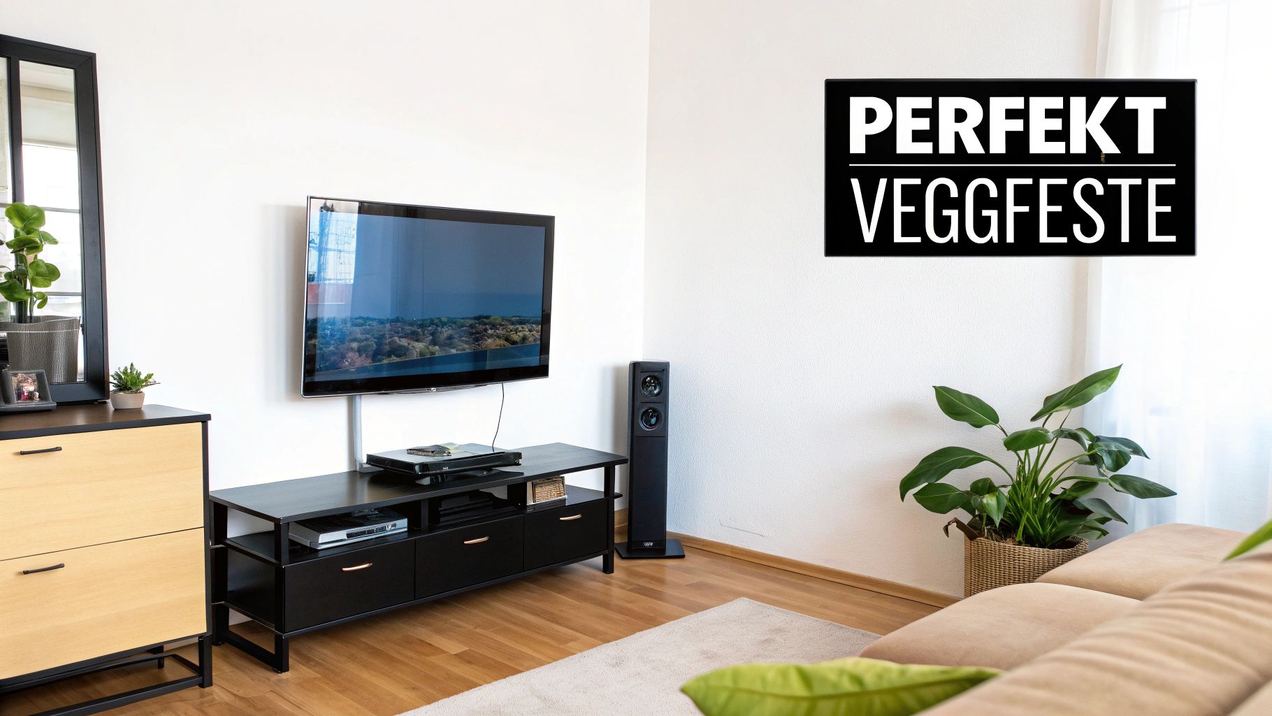 Et moderne stueinteriør med en veggmontert TV, TV-benk, høyttaler og grønne planter. Et skilt sier 'Perfekt Veggfeste'.