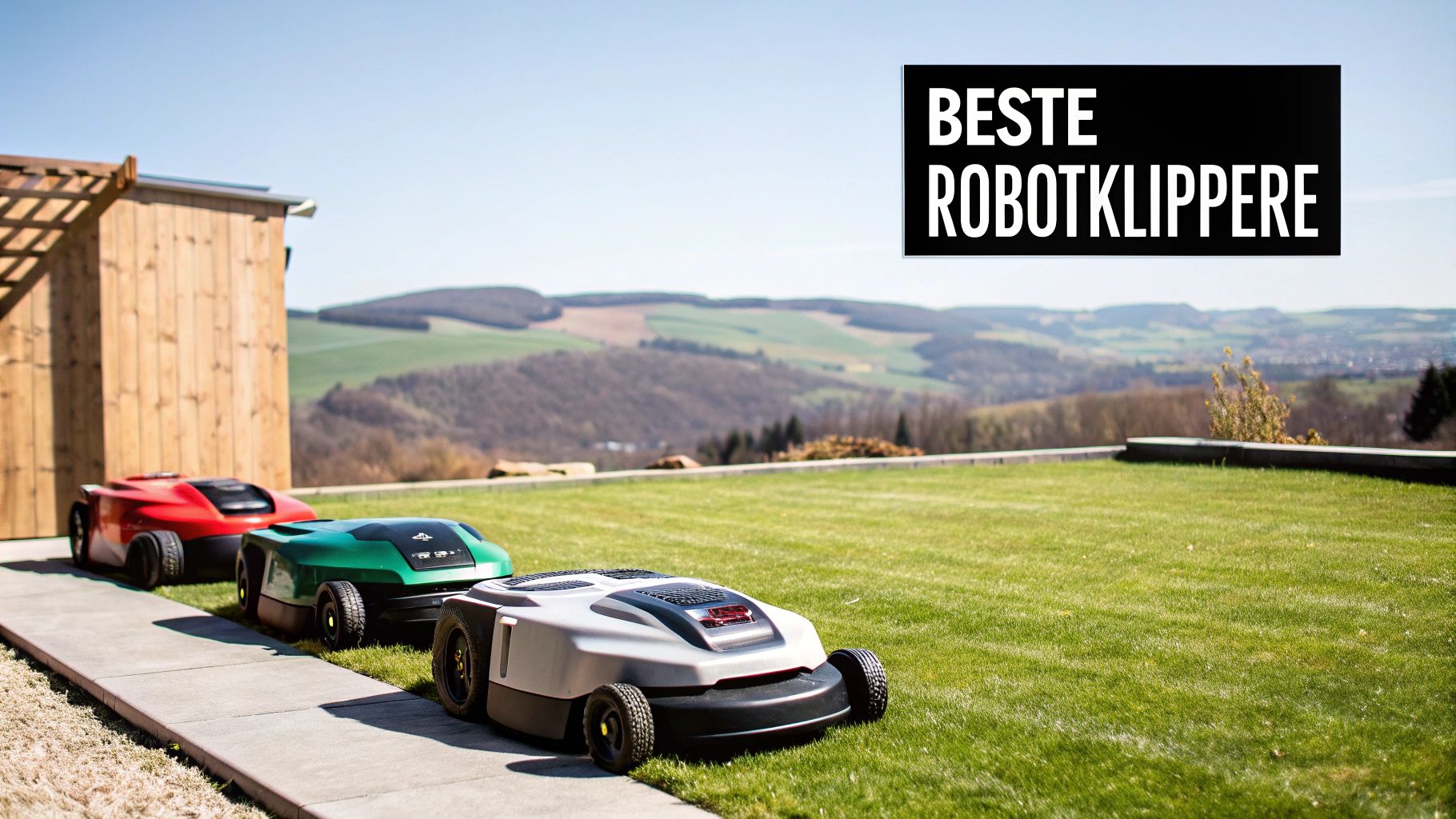 Tre robotklippere står på en terrasse ved en grønn plen, med åser i bakgrunnen under en blå himmel.