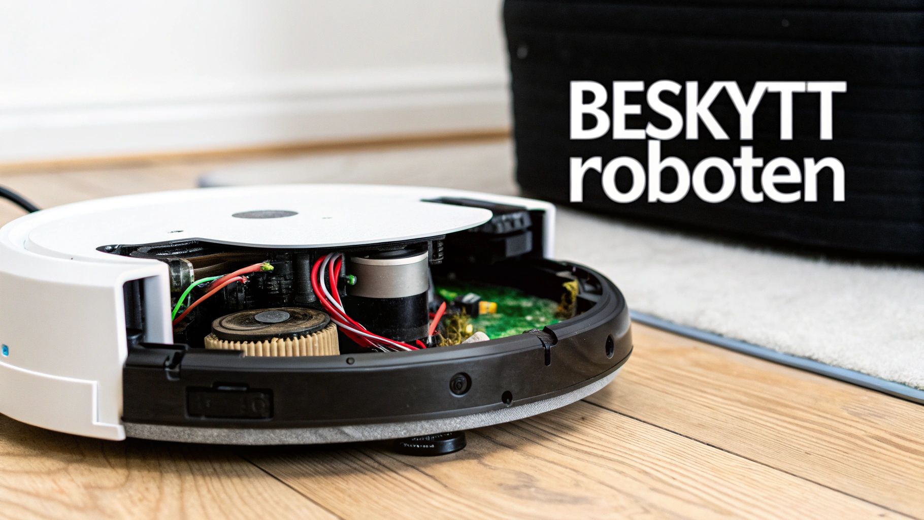 En demontert robotstøvsuger som viser interne ledninger og komponenter, med teksten 'BESKYTT roboten' i bakgrunnen.
