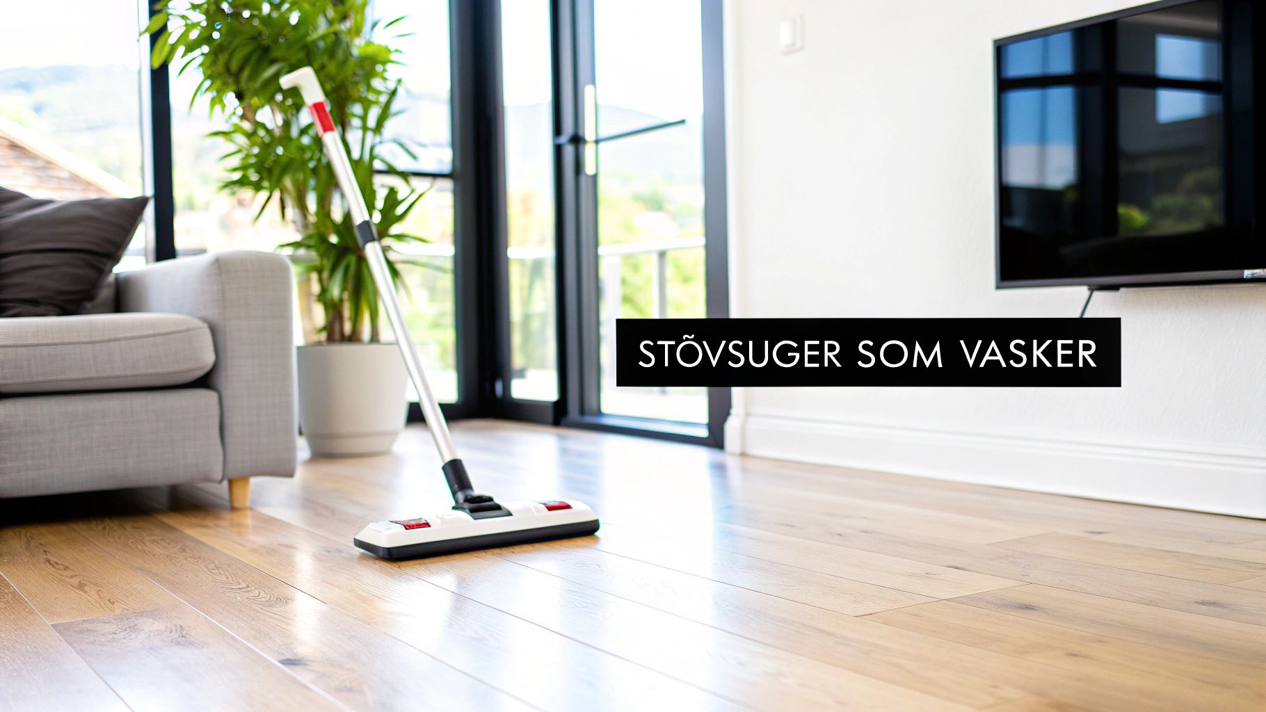 En skaftstøvsuger på et lyst tregulv i en moderne stue med sofa, grønn plante og TV.