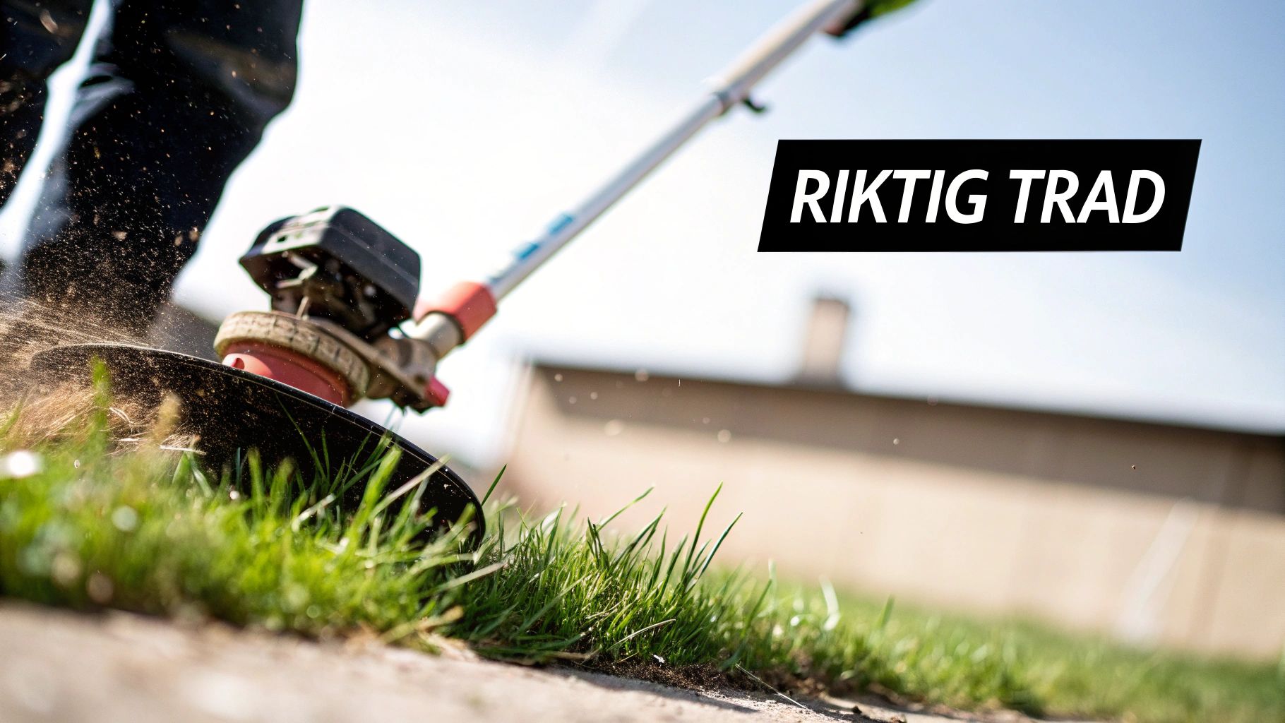 En person trimmer gress langs en kant med en kantklipper, sprutende smuss og gress på en solrik dag.