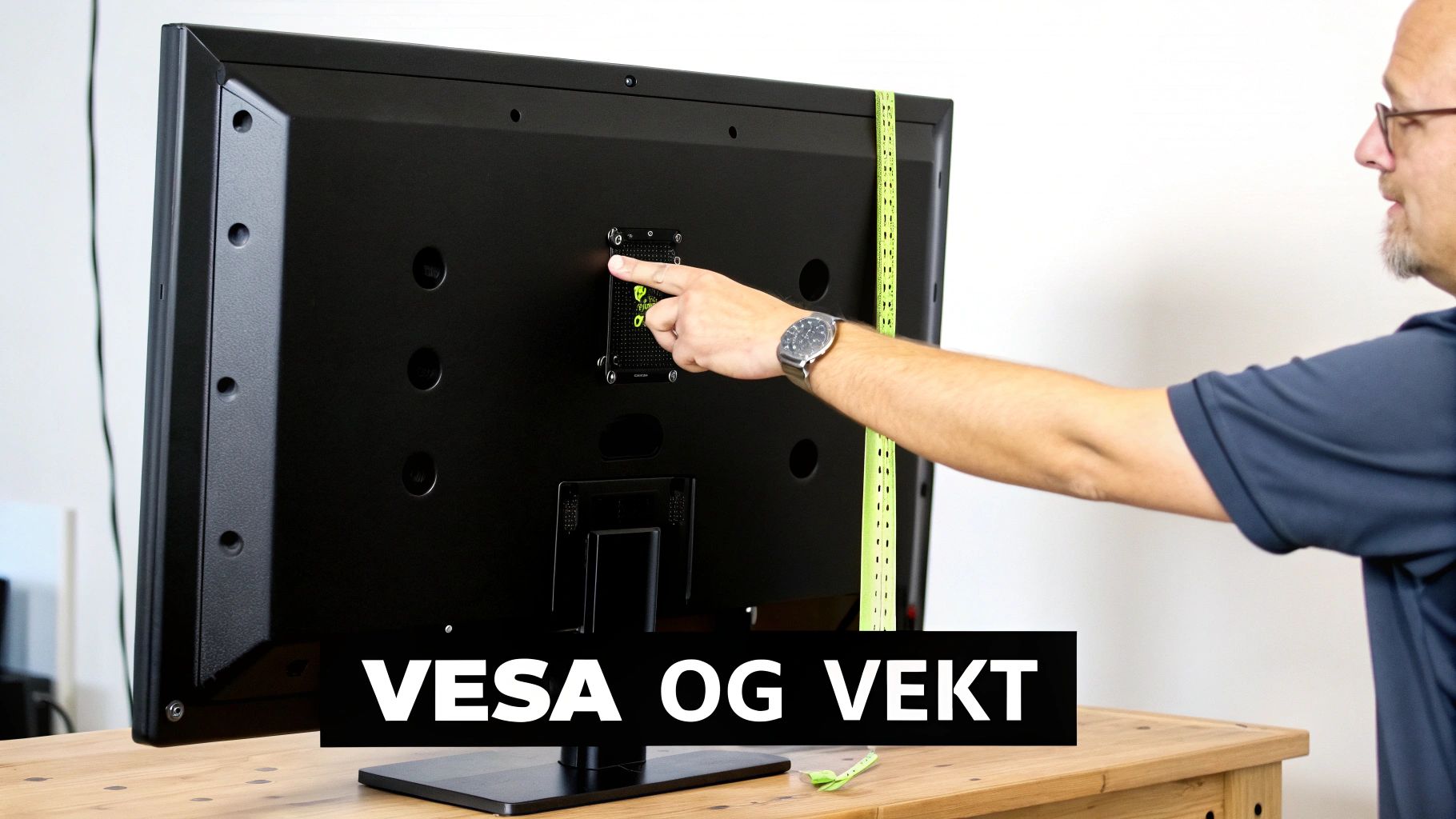 En person peker på VESA-festet på baksiden av en TV, med et målebånd for dimensjoner.