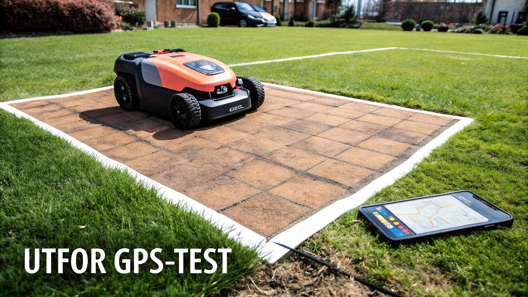 En oransje og svart robotgressklipper på en brolagt firkant, omgitt av grønt gress, med en smarttelefon som viser kart ved siden av. "UTFOR GPS-TEST" vises.