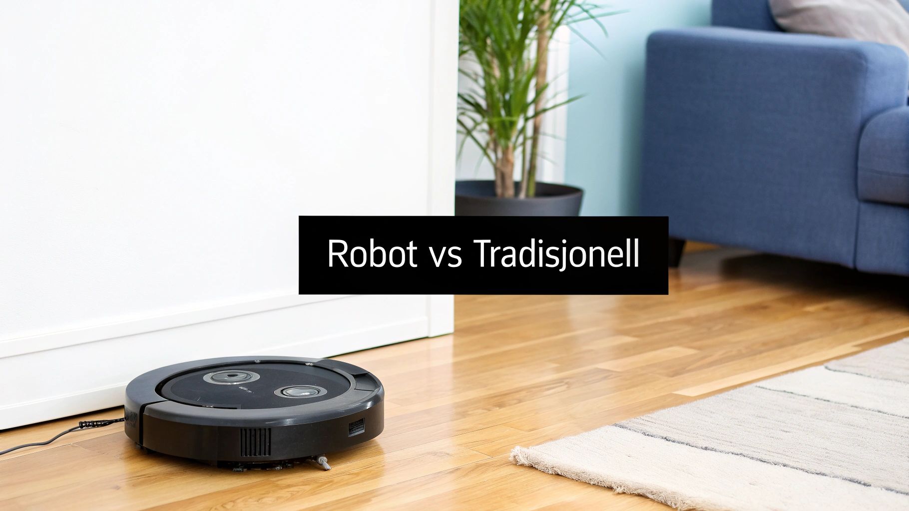 Robotstøvsuger på et tregulv med teksten «Robot vs Tradisjonell» i et lyst hjem.