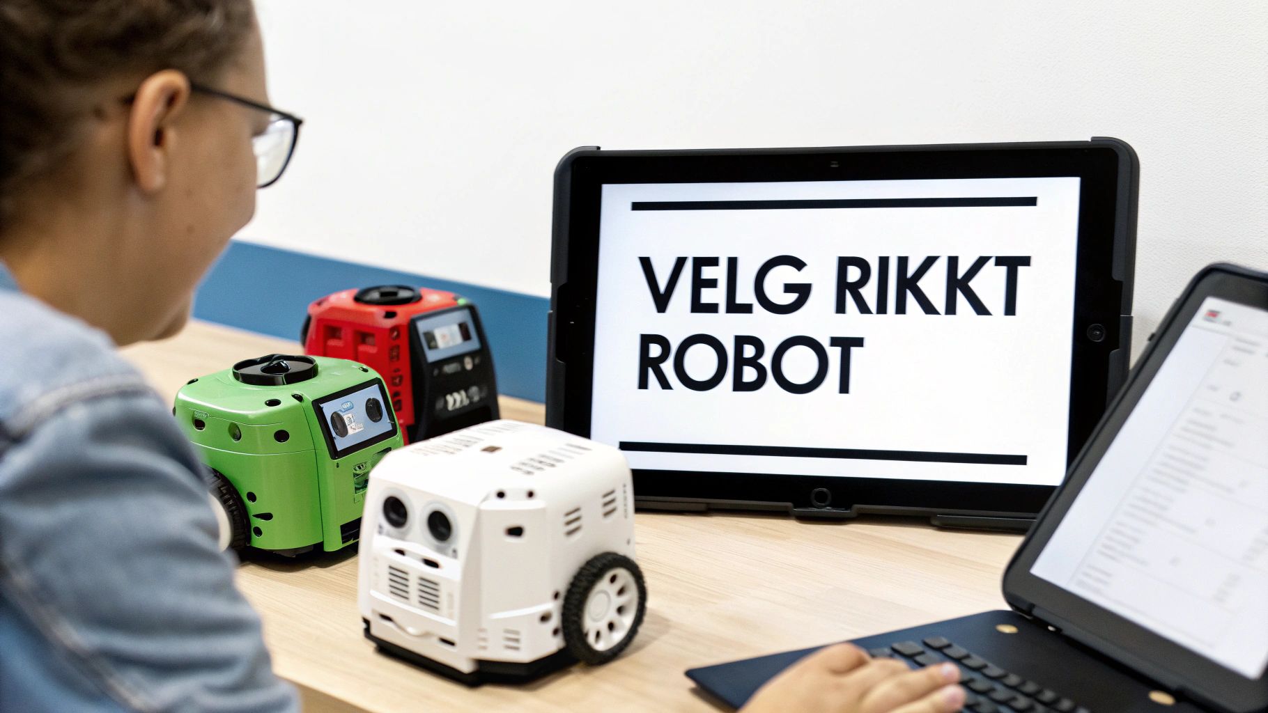 Elev lærer robotprogrammering med fargerike utdanningsroboter og nettbrett på skrivebord