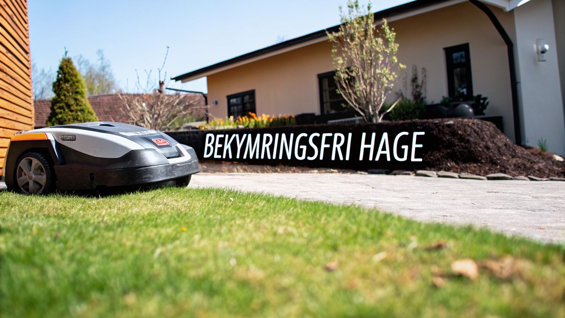 En Husqvarna robotgressklipper vedlikeholder plenen foran et moderne hus, med teksten 'Bekymringsfri hage'.