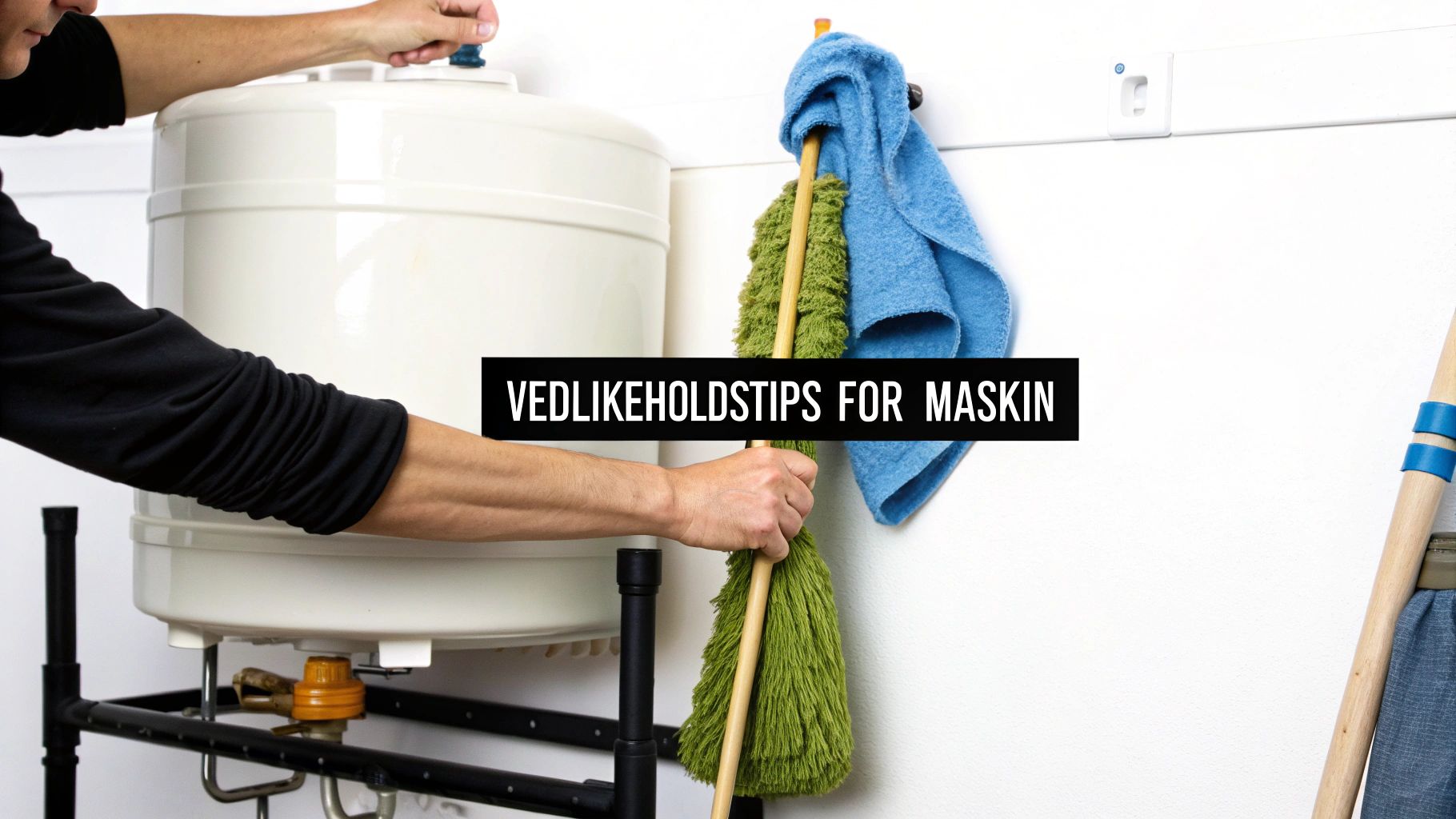 En person justerer en hvit vanntank mens rengjøringsutstyr som mopp og klut henger på en hvit vegg.