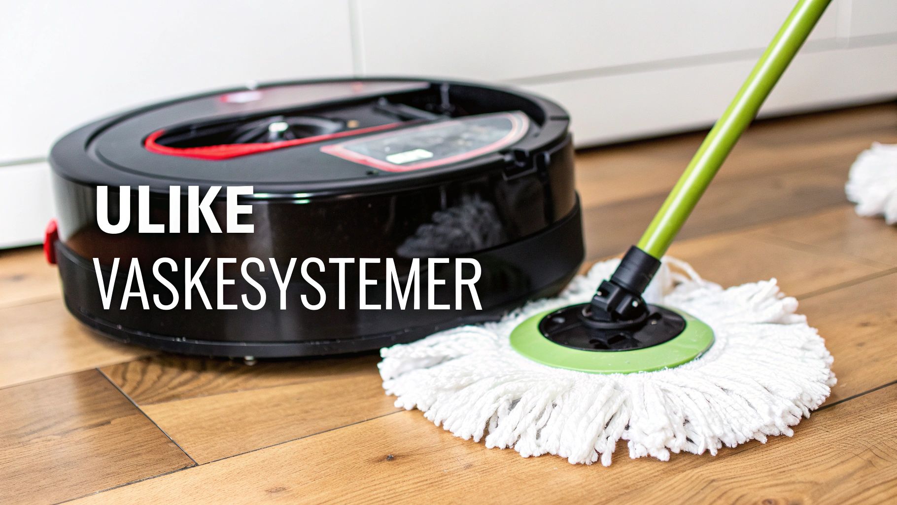 Robotstøvsuger og mopp på tregulv viser ulike vaskesystemer for gulvrengjøring