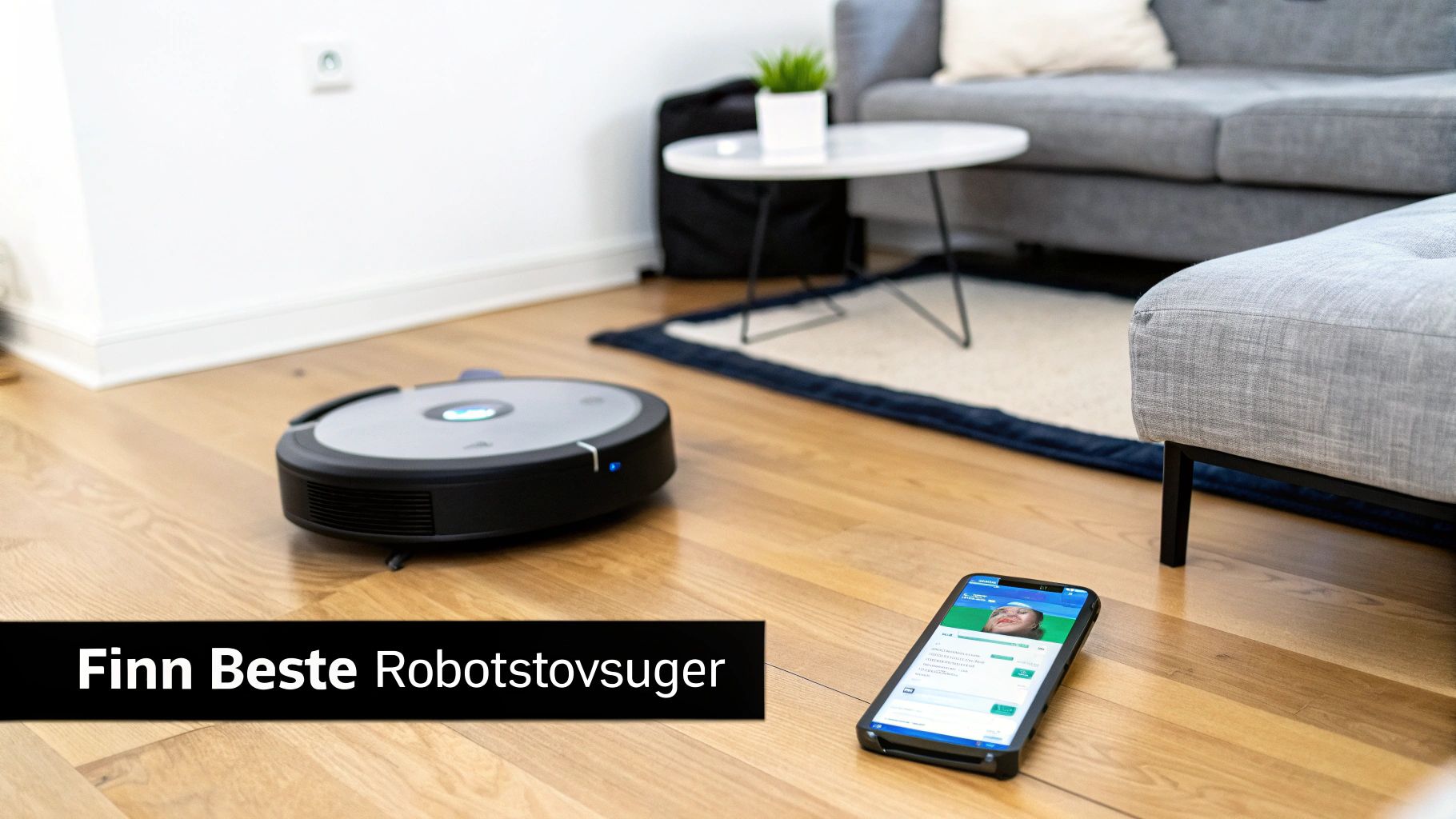 En robotstøvsuger på et tregulv i en stue, med en smarttelefon og møbler i bakgrunnen.