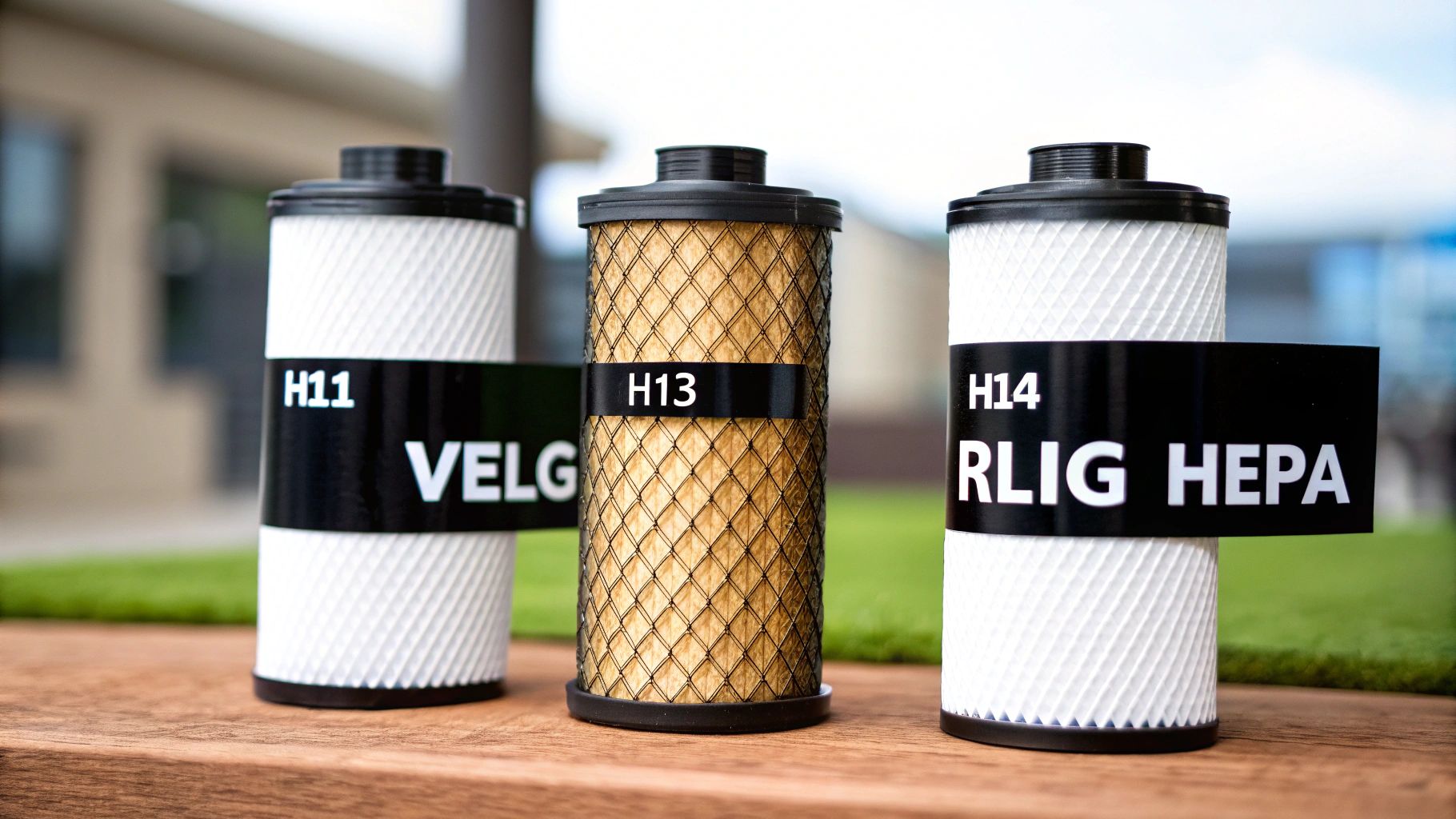 Tre forskjellige HEPA-luftfiltre merket H11, H13 og H14, står på en treoverflate.