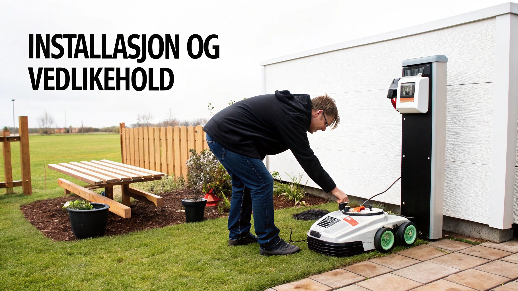 En mann installerer eller vedlikeholder en robotgressklipper ved ladestasjonen på gresset.