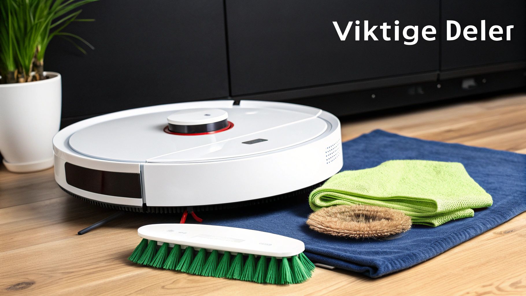 En hvit robotstøvsuger og diverse rengjøringstilbehør på et tregulv. Viktige deler for vedlikehold.