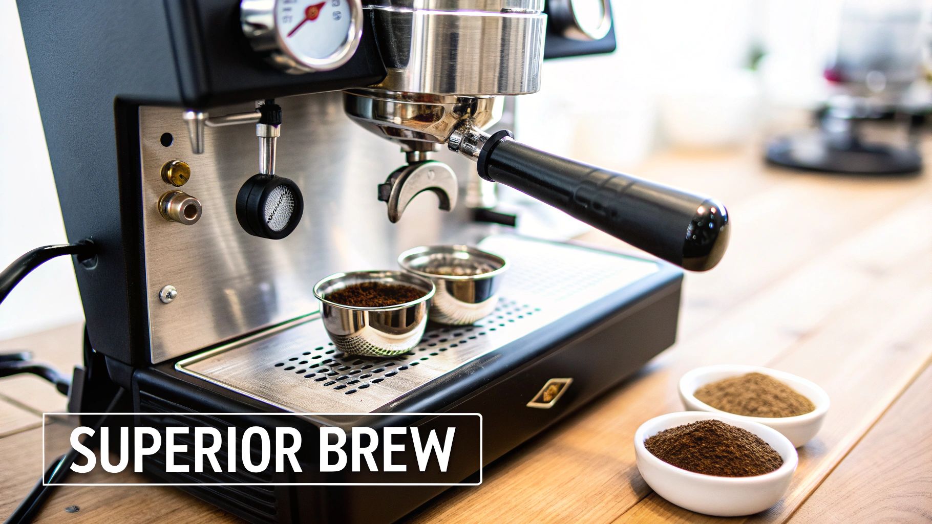 An espresso machine with ground coffee in cups and bowls, ready for brewing a superior coffee.