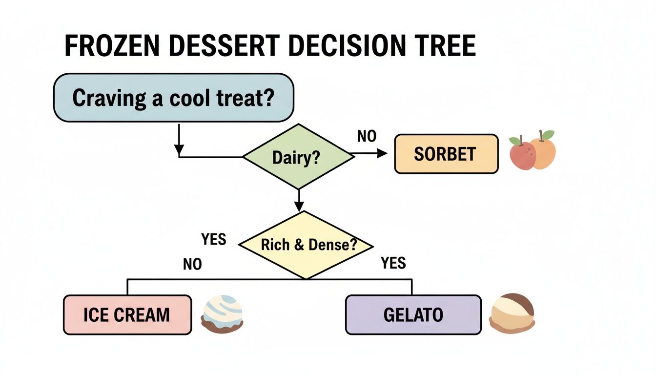 A decision tree guiding the choice of frozen desserts: sorbet, ice cream, or gelato.