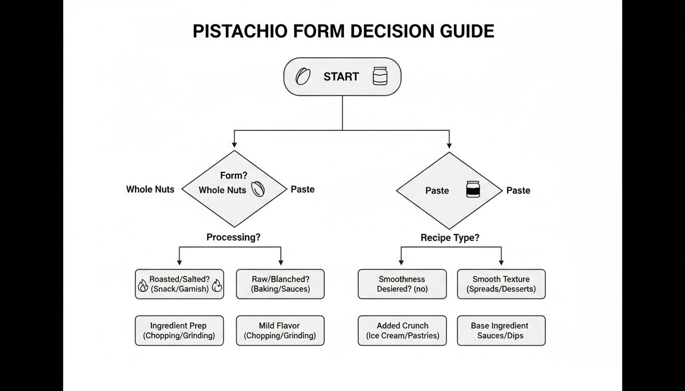 A flowchart guiding decisions for pistachio forms: whole nuts or paste, and their respective uses.