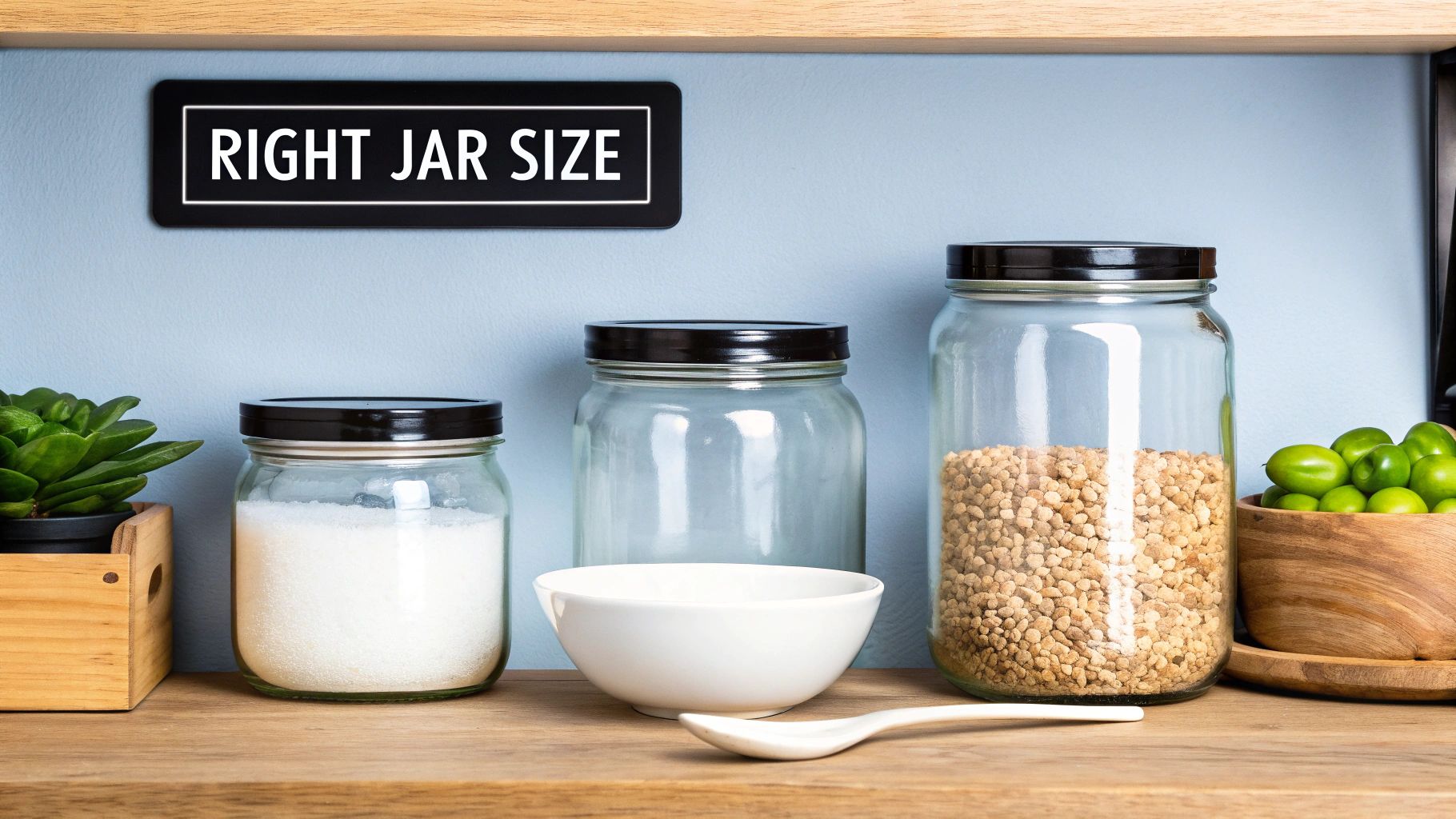 Various glass jars with black lids, some filled with sugar and grains, on a wooden shelf with a 'RIGHT JAR SIZE' sign.