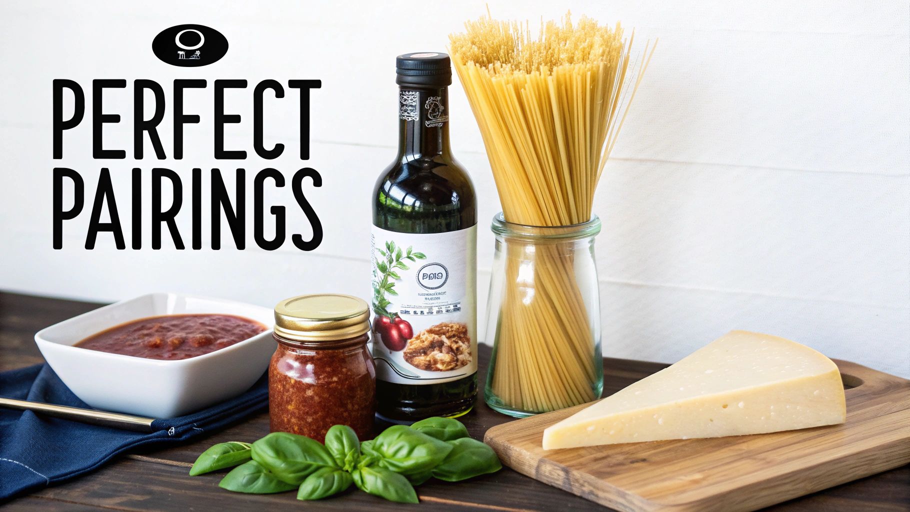 A collection of Italian ingredients: spaghetti, olive oil, tomato sauce, parmesan cheese, and basil.