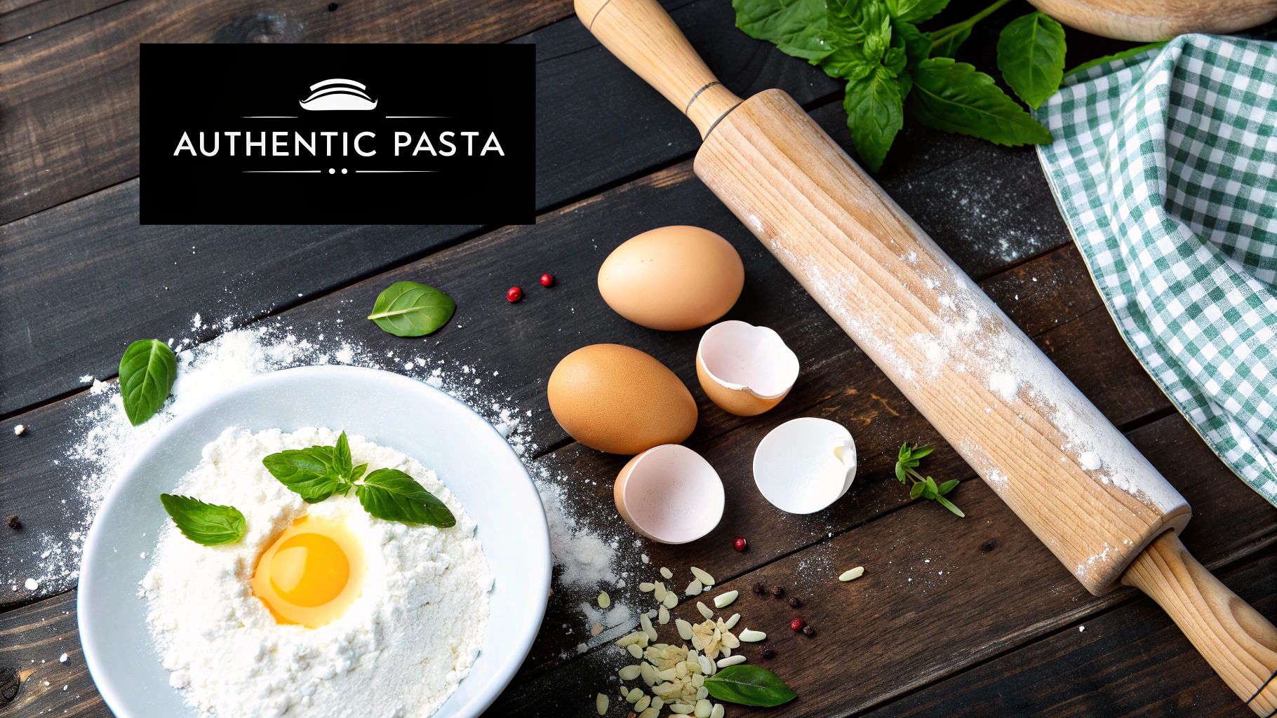 Bowl with flour, egg, basil on wooden table with rolling pin, eggs, herbs, and gingham cloth. Text reads "Authentic Pasta." Rustic mood.