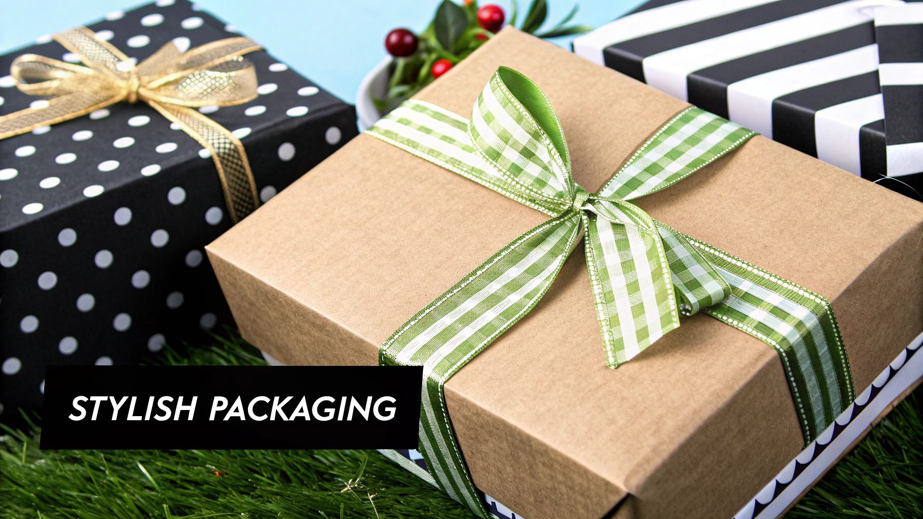 Gift boxes with patterns and ribbons on grass. A tan box with a green checkered ribbon and polka dot box. Text reads "STYLISH PACKAGING".
