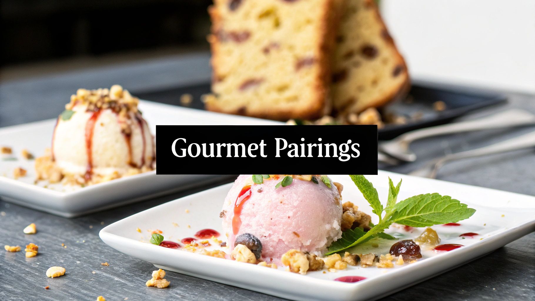 Gourmet ice cream desserts on white plates with fruit bread in the background, text 'Gourmet Pairings'.