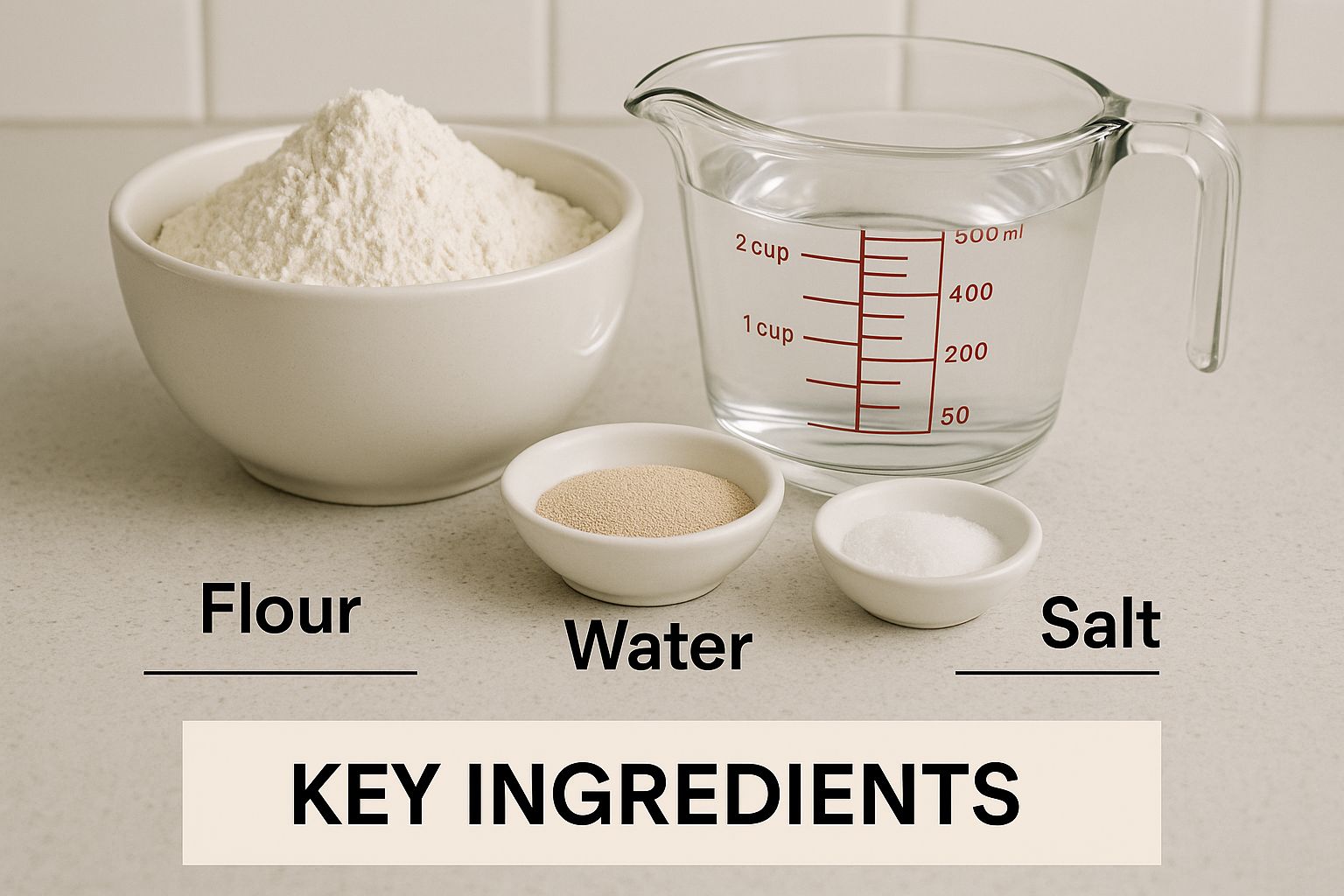Flour, water, and salt are displayed in bowls and a measuring cup on a kitchen counter labeled "KEY INGREDIENTS" against a tiled backdrop.