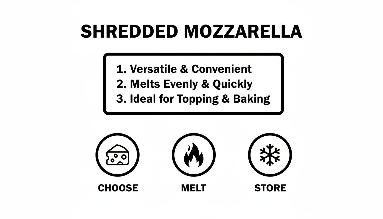 Shredded mozzarella cheese infographic with key benefits and how to choose, melt, and store it.